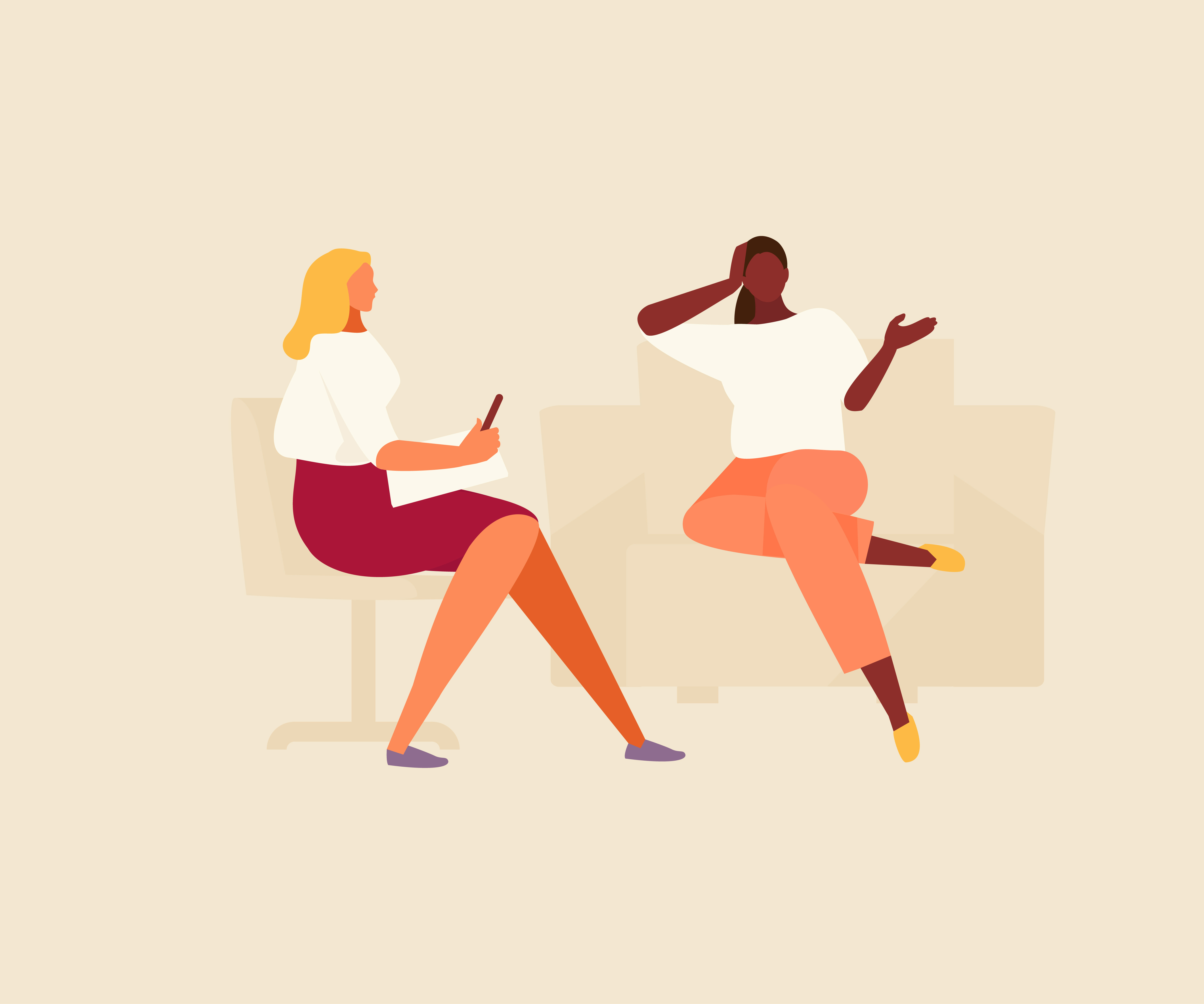 Young woman talking with a psychologist. Psychological counseling and therapy. Vector flat illustration.